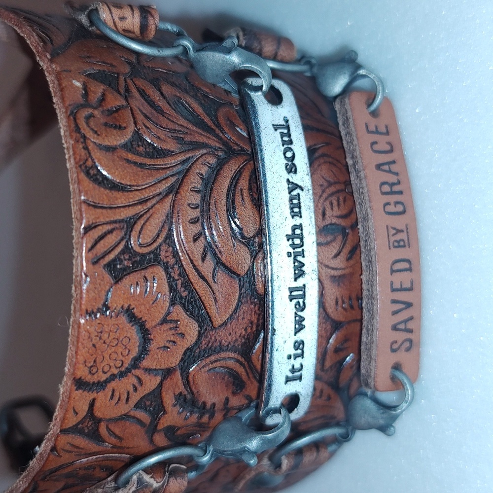 Saved by Grace leather cuff bracelet, etched